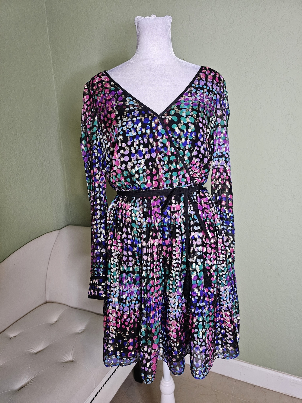 kate spade Black Multicolor Dot Wrap Dress with Tie Waist